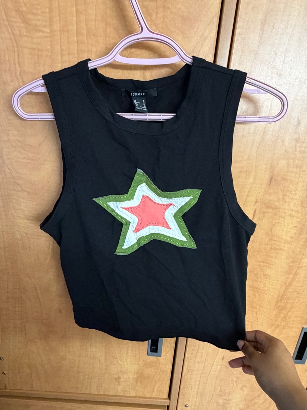 Forever 21 Black Tank Top with Coral, White & Olive Star Patch
